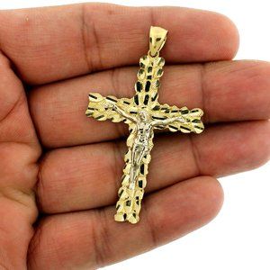 Real 10K Yellow Gold Large Nugget Cross Pendant